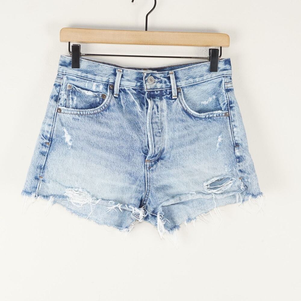 AGOLDE Jaden Surreal Distressed Light Wash Blue Denim Frayed Shorts Sz 27